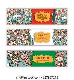 Three bright vector banners with doodle design elements on the Mexican theme on white background. With a place for text.