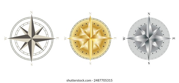 Three bright vector compasses on a white background. Wind rose, navigation equipment.