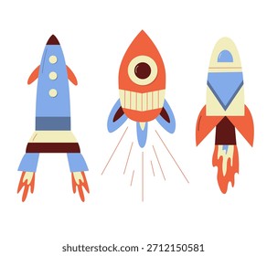 Three bright vector illustration of spaceships