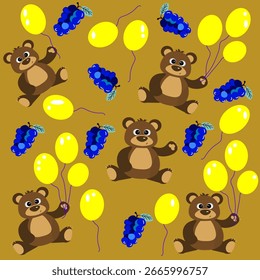 Três ilustrações vetoriais brilhantes em um conjunto: um padrão com limões, um padrão com ursos e uvas e um conjunto de várias conchas marinhas. Estas ilustrações são ideais para o verão e projetos infantis,