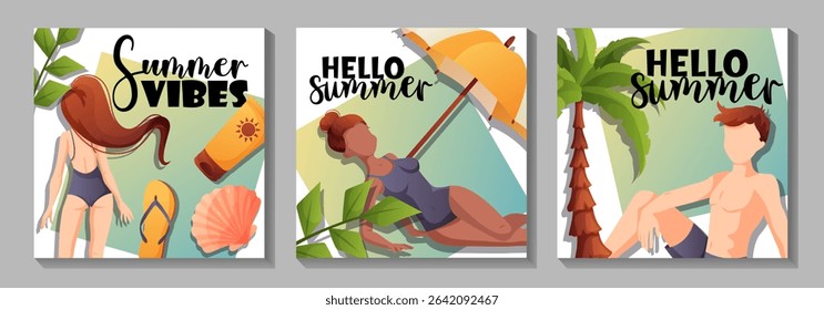 Three bright vector posts with summer lettering, swimsuit characters, beach zone and tropical elements in the background.
