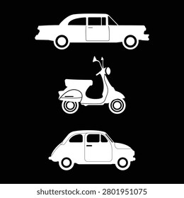 Three bright white silhouettes of classic vehicles are displayed on a solid black background. Featured are a vintage sedan, a retro scooter, and a compact car from bygone eras.