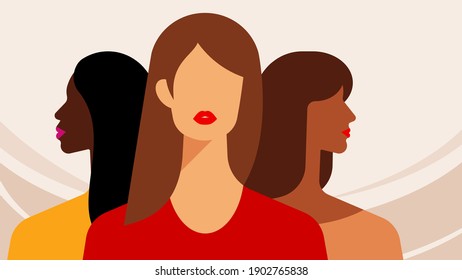 Three bright women - brunette, brown haired, red haired. Multi-ethnic female friends stand together. Colorful vector. Female team concept. Best friends forever, sisters, beautiful abstract girls.