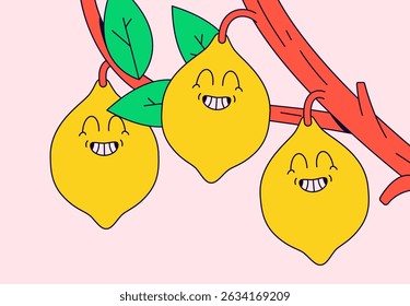 Three bright yellow lemons with happy cartoon faces hanging from a red tree branch for childcare’s products, educational materials, or playful branding in cartoon hand drawn vector