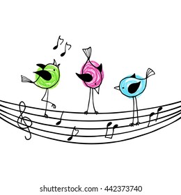 Three brightly colored birds on the stave with treble clef and notes. Vector illustration.
