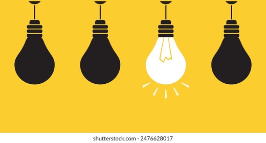 Three broken light bulbs and one glow bulb. Good and bad ideas - brainstorming. Search for new ideas for successful business or development. Creativity, pitching idea, innovation. vector illustration