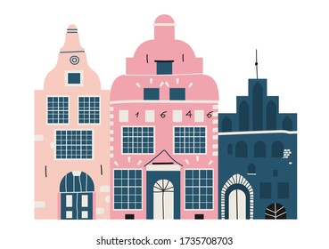 Three brothers in Riga. Historical buildings in Old Riga, Latvia. Three houses standing together. Modern hand-drawn architecture. Latvian culture and traditions.
