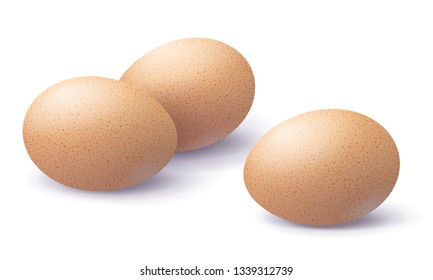 Three brown 3d eggs with shadow on surface isolated on white background. Close-up realistic chicken beige egg. 