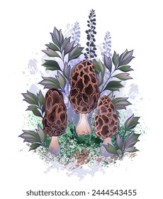 Three brown, artistically drawn morel mushrooms on moss with wild plants in the forest. Brown morel.