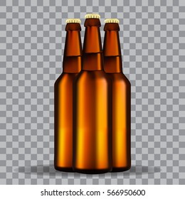 Three brown bottle of beer isolated on transparency grid. Stock vector illustration