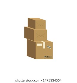 Three brown cardboard boxes stacked on each other cartoon style, vector illustration isolated on white background. Pile of parcel delivery containers from corrugated carton
