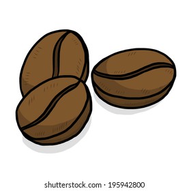 drei, braune Kaffeebohne / Cartoon-Vektor und Illustration, handgezeichnet, einzeln auf weißem Hintergrund.