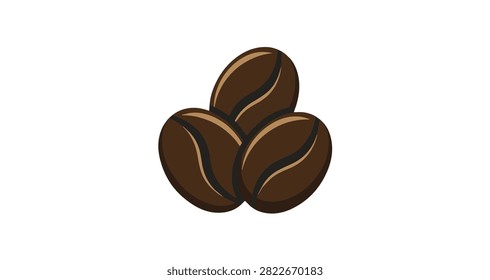 three brown coffee beans with dark curves showing roasted texture isolated on white background closeup view