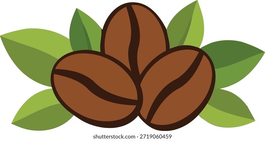 Tres granos de café marrón están cuidadosamente dispuestos entre vibrantes hojas de plantas de café verde en una ilustración simple y aislada.