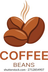 Tres granos de café marrón con vapor y Vector de texto