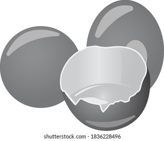 Three brown eggs with yolk. Grayscale image of food. Vector illustration isolated on white background.