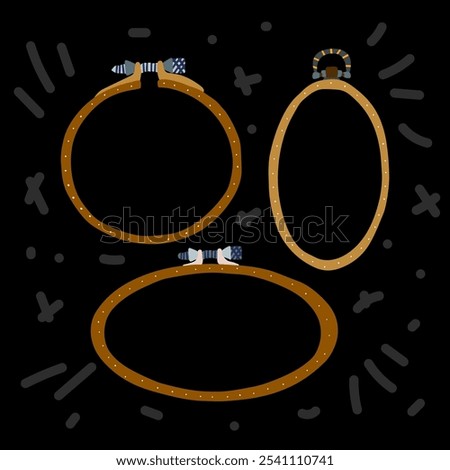 Three brown embroidery hoops on the black textured background. Needlework hand drawn tools for flyers, banners, logo design. Illustration about pastime, hobby, handmade and craftsmanship. 