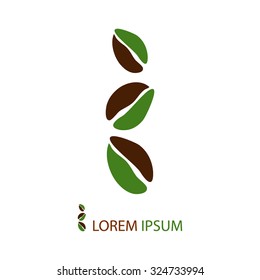 Three brown and green coffee beans as logo  on white background