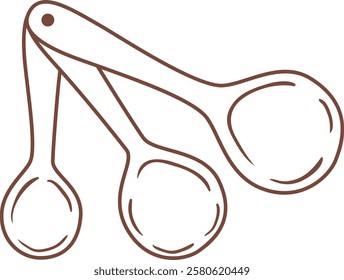 Three brown measuring spoons of different sizes forming a triangle on a white background, simple minimalist line art drawing, perfect for recipe books, cooking websites or kitchenware branding