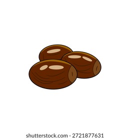 Three brown, oval seeds clustered together on a white background. Simple, clean illustration with highlights and shadows. Natural, organic, and earthy tones. 