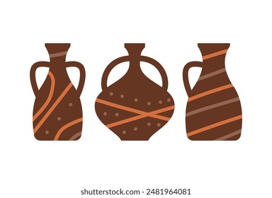 Three brown vases with intricate orange and tan patterns, suitable for home decor, interior design, or craft projects with earthy tones.