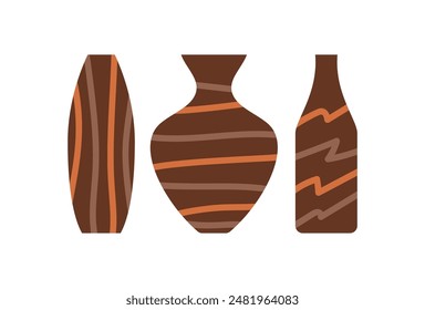 Three brown vases with intricate orange and tan patterns, suitable for home decor, interior design, or craft projects with earthy tones.