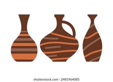 Three brown vases with intricate orange and tan patterns, suitable for home decor, interior design, or craft projects with earthy tones.