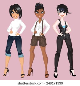 three brunettes in clothes