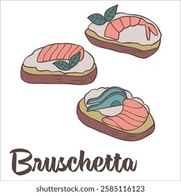 Three bruschetta with cream cheese, avocado, salmon, basil and shrimp. Great for posters, advertisements, banners, flyers and menus