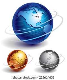 Three brushed metal globes. Eps8. CMYK. Organized by layers. Global colors. Gradients used.