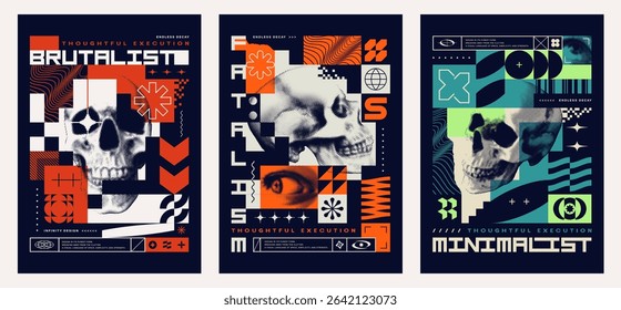 Three brutalist poster design templates. Halftone skulls with abstract geometric shapes, bold typography, minimalist and bauhaus graphic symbols. Postmodern style. EPS10 vector graphic.