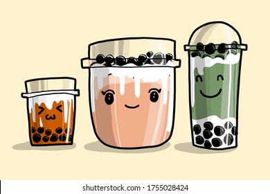 Tres tazas de té con burbujas o té con perlas. Dibujo de ilustraciones vectoriales en estilo de caricatura kawaii. mejor para cualquier diseño gráfico comercial. Es muy famosa en Taiwán y Tailandia.