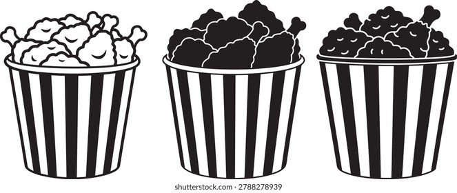 Three buckets filled with fried chicken pieces, fast food graphic design.