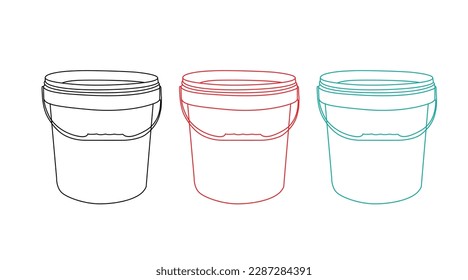 Three buckets on a white background red, yellow and blue. Product Packaging For food, foodstuff or paints, adhesives, sealants, primers, putty. MockUp Template For Your Design. Vector illustration.