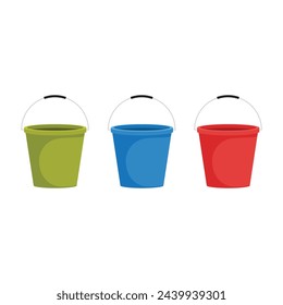 Three buckets on a white background Green, Blue and Red