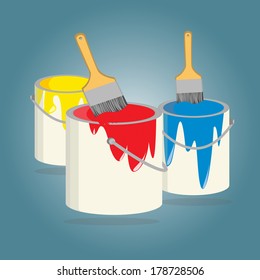 Three Buckets Of Paint  And Paint Brush With Yellow, Red And Blue Paint, Vector Illustration.