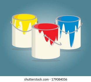 Three Buckets Of Paint With Yellow, Red And Blue Paint, Vector Illustration.