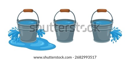 Three buckets, two leaking water, one holding steady, all with blue liquid, metal and wood.