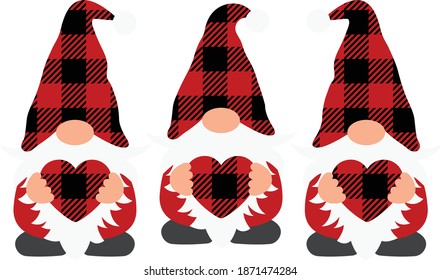 Three Buffalo Plaid Gnomes vector design, St. Valentine's Day cut file, Three Gnomes with Hearts 