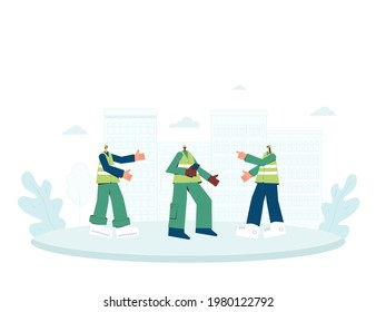 Three builder people. Female and male engineer, technican worker, constructor in safety vest, helmet, uniform standing together. Vector color flat illustration. 