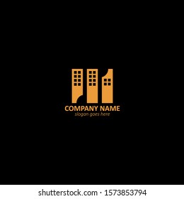 Three buildings with "d" and "p" negative  space  real estate logo