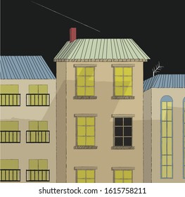 three buildings with lots of windows and a night sky. one light has gone out. vector illustration