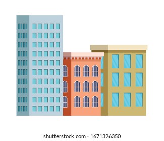 three buildings with windows isolated icon vector illustration design