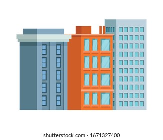 three buildings with windows isolated icon vector illustration design