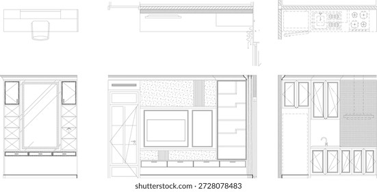 Three Built-in Interior Design Concepts for Home Use: Vanity Table, TV Unit with Shelves, and Pantry Design