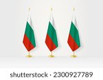 Three Bulgaria flags in a row on a golden stand, illustration of press conference and other meetings. Vector illustration.