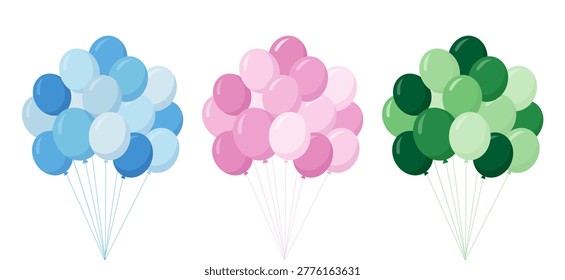 Three bunches of balloons isolated on white background. Birthday party decoration element. Vector stock