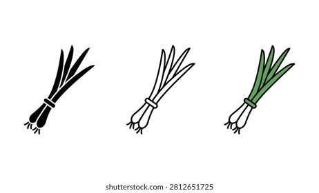Three bunches of chives in black white and green on white background