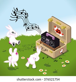 Three bunnies bugged by loud music coming out of a boom box (isometric view)