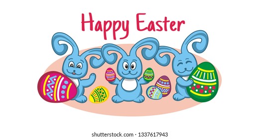 Three bunnies with colorful eggs on a light pink background. Illustration for happy Easter day